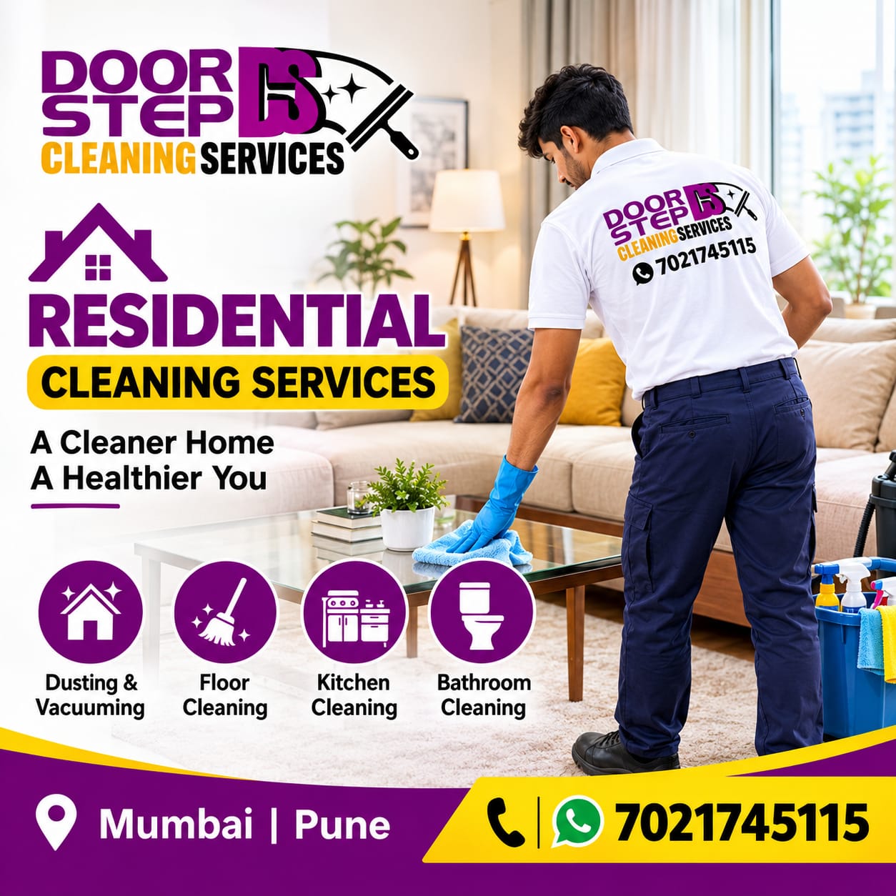 Doorstep Cleaning Services staff member wiping a living room table
